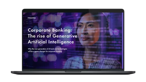 Image of laptop with cover slide of "Corporate banking: The rise of Generative Artificial Intelligence" white paper