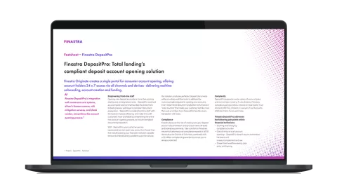 Image of laptop with cover slide for "	Finastra DepositPro: Total lending’s compliant deposit account opening solution" factsheet