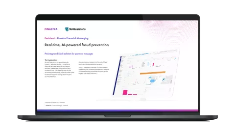 Image of laptop with cover slide for "Fraud prevention for Finastra’s service bureau customers" brochure
