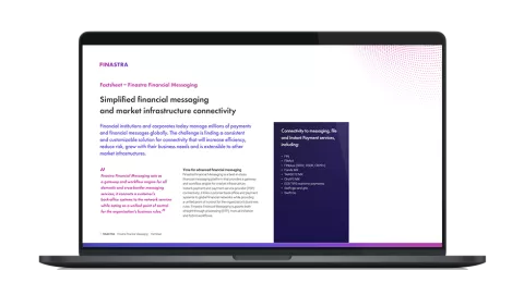Image of laptop with cover slide for the "Finastra Financial Messaging: Simplified financial messaging and market infrastructure connectivity" brochure