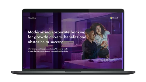 Image of laptop with cover slide of "Modernizing corporate banking for growth: drivers, benefits and obstacles to success" white paper