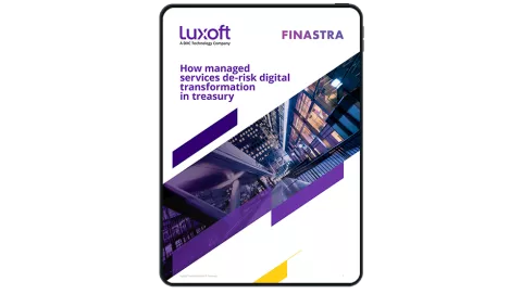 Image of tablet with cover slide of "De-risking digital transformation in treasury: Managed service solutions with Luxoft" brochure