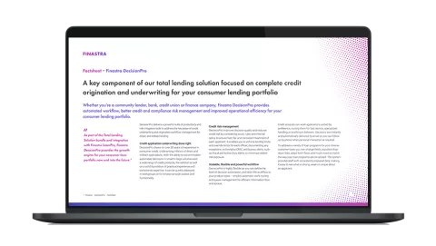 Image of laptop with cover slide for the "Finastra DecisionPro: A key component of our total lending solution" factsheet