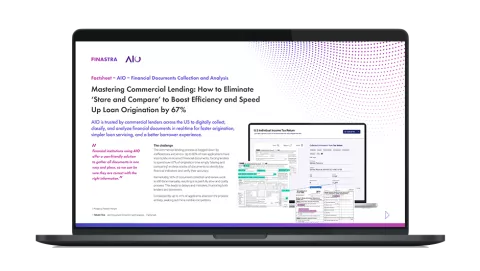 Image of laptop with cover slide for "AIO and Finastra: Competing with online lenders for commercial lending market share" factsheet