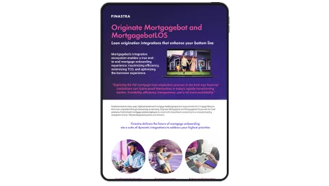 Image of tablet with cover slide of "Experience faster mortgage originations via Finastra’s partner integration ecosystem" infographic