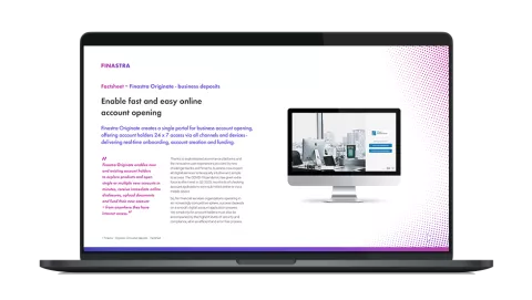 Image of laptop with cover slide for the Finastra Originate Business Deposits factsheet