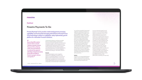 Image of laptop with cover slide for Finastra Payments To Go factsheet