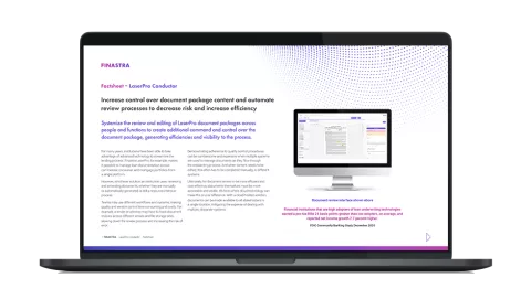 Image of laptop with cover slide for the "LaserPro Conductor loan document management solution" factsheet
