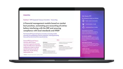 Image of laptop with cover slide for "Finastra KTP Corporate Treasury Innovation - Accounting" brochure