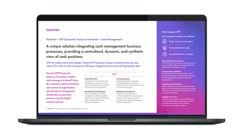 Image of laptop with cover slide for "Finastra KTP Corporate Treasury Innovation - Cash Management" brochure