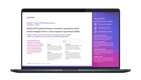 Image of laptop with cover slide for "Finastra KTP Corporate Treasury Innovation - Cloud Services" brochure
