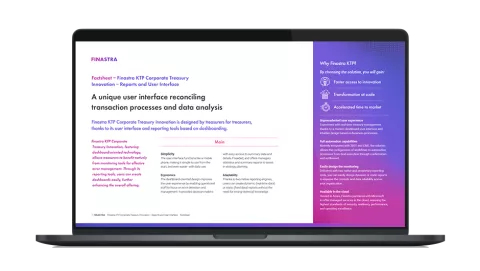 Image of laptop with cover slide for "Finastra KTP Corporate Treasury Innovation - Reports and User Interface" brochure