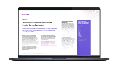 Image of laptop with cover slide for "Transformation service for Finastra’s Service Bureau Customers" factsheet