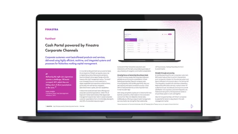 Image of laptop with cover slide for "Cash Portal powered by Finastra Corporate Channels" brochure