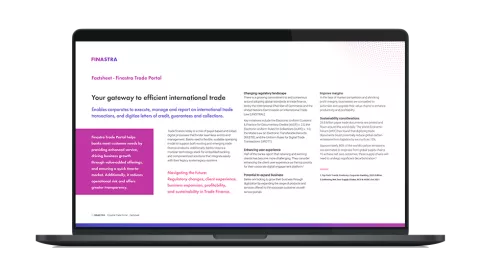 Image of laptop with cover slide of "Trade Portal powered by Finastra Corporate Channels" factsheet