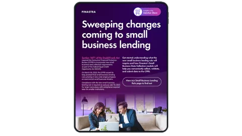 Image of tablet with cover slide of "1071: Sweeping changes coming to small business lending" infographic