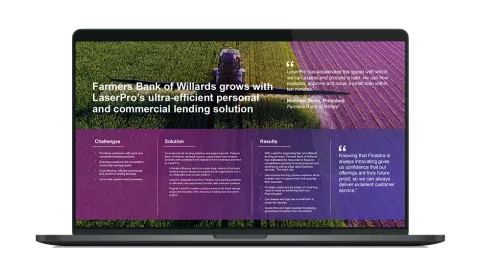 Image of laptop with cover slide of "Farmers Bank of Willards grows with LaserPro" infographic