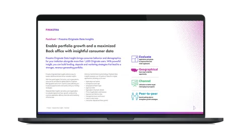 Image of laptop with cover slide of "Finastra Originate Data Insights" factsheet