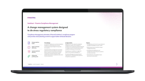 Image of laptop with cover slide for "Finastra Compliance Management" factsheet