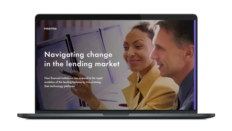 Image of laptop with cover slide of "Navigating change in the lending market" white paper