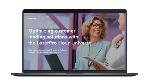 Image of laptop with cover slide of "Optimizing customer lending solutions with the LaserPro cloud universe" white paper