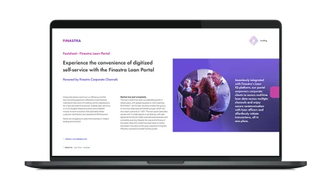 Image of laptop with cover slide of "Finastra Loan Portal" brochure