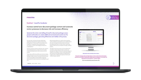 Image of laptop with cover slide for the "LaserPro Conductor loan document management solution" factsheet
