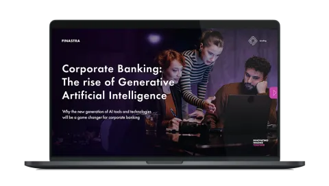 Image of laptop with cover slide of "Corporate banking: The rise of Generative Artificial Intelligence" white paper
