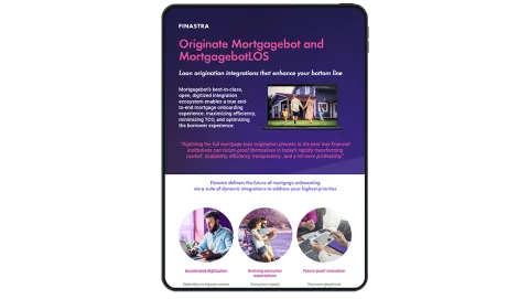 Image of tablet with cover slide of "Experience faster mortgage originations via Finastra’s partner integration ecosystem" infographic
