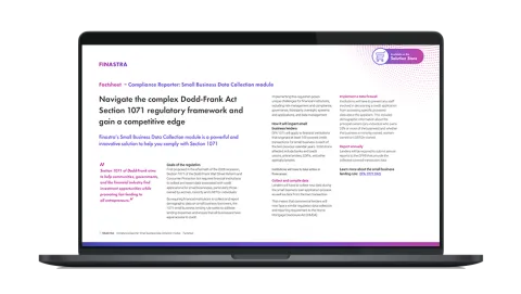 Image of laptop with cover slide for the "Finastra DFA 1071 Factsheet" brochure