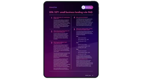 Image of tablet with cover slide of "Frequently asked questions about the DFA 1071 small business lending rule" brochure