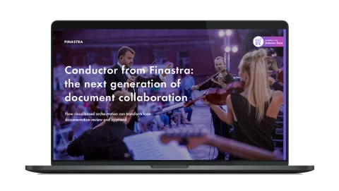 Image of laptop with cover slide of "LaserPro Conductor from Finastra: the next generation of document collaboration" white paper