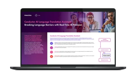 Image of laptop with cover slide of "New in LaserPro Conductor: AI Language Translation Assistant for financial institutions" infographic