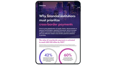 Image of tablet with cover slide of "Why financial institutions must prioritize cross-border payments" infographic