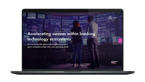 Image of laptop with cover slide of "Accelerating success within banking technology ecosystems" white aper