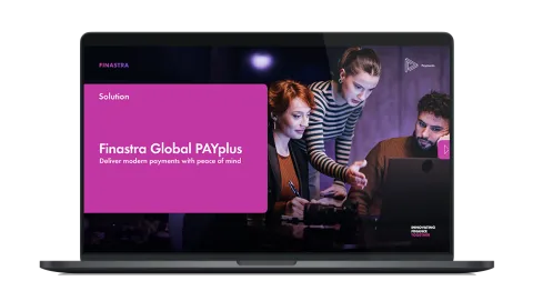 Image of laptop with cover slide for "Finastra Global PAYplus" solution overview