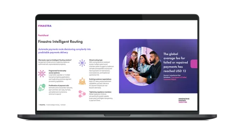 Image of laptop with cover slide of "Finastra Intelligent Routing" factsheet