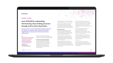 Image of laptop with cover slide for the "Loan IQ Build for onboarding: Harmonizing noisy lending processes through end-to-end orchestration" factsheet