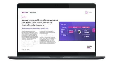 Image of laptop with cover slide for the "Manage more scalable cross-border payments with Thunes’ Direct Global Network via Finastra Financial Messaging" factsheet