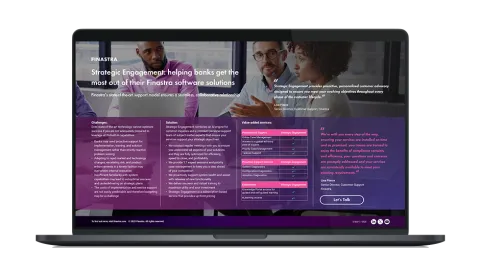 Image of laptop with cover slide for the "Strategic Engagement: helping banks get the most out of their Finastra software solutions" infographic