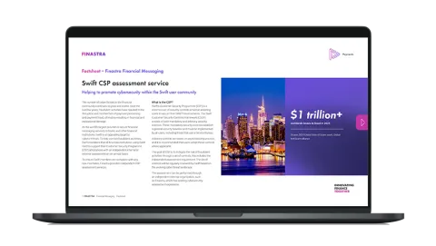 Image of laptop with cover slider for "Swift CSP Assessment Services offered by Finastra" factsheet