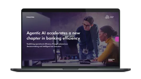 Image of laptop with cover slide of "Agentic AI accelerates a new chapter in banking efficiency" white paper