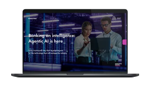Image of laptop with cover slide of "Banking on intelligence: Agentic AI is here" white paper