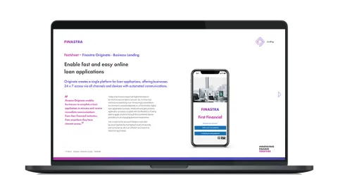 Image of laptop with cover slide for the Finastra Originate Business Lending factsheet