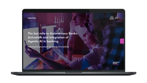 Image of laptop with cover slide of "The last mile to Autonomous Banks. Activation and integration of Agentic AI in banking." white paper
