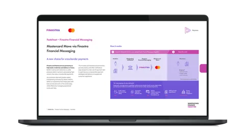 Image of laptop with cover slide of "Mastercard Move via Finastra Financial Messaging" brochure