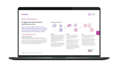 Image of laptop with cover slide of "Reimagine banking with Finastra Essence (Factsheet)" brochure