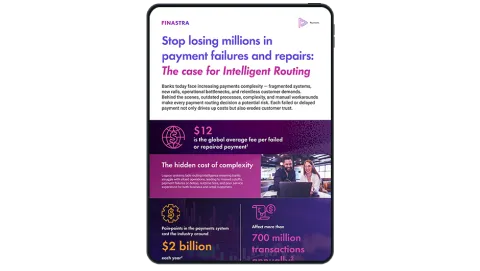 Image of tablet with cover slide of "Stop losing millions in payment failures and repairs: The case for Intelligent Routing" infographic
