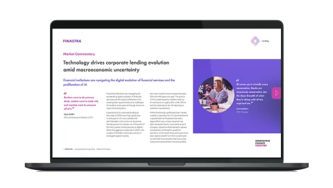 Image of laptop with cover slide of "Technology drives corporate lending evolution amid macroeconomic uncertainty" report
