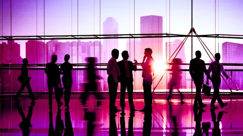 “Business professionals in a modern office with city skyline at sunset.